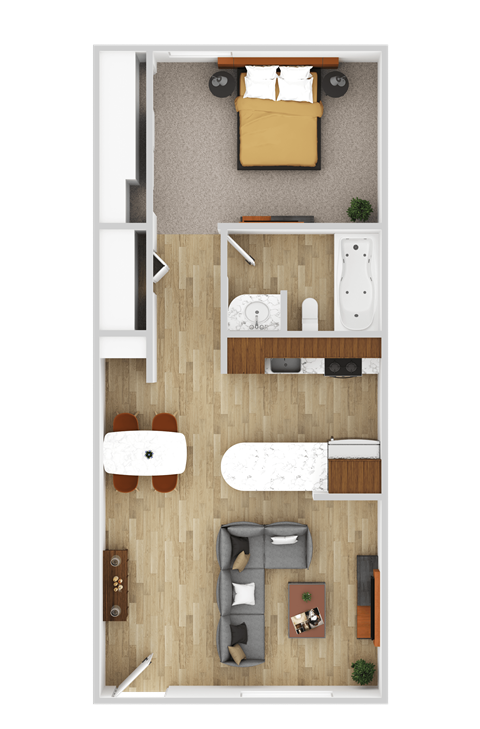 A top-down view of a living room with a couch, chair, and coffee table.